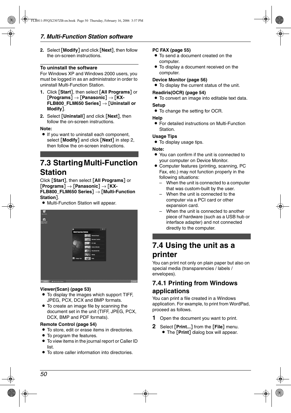 3 starting multi-function station, Printing, 4 using the unit as a printer | Starting multi-function station, Using the unit as a printer, 3 starting multi-function station, 4 using the unit as a printer, 1 printing from windows applications, Multi-function station software 50 | Panasonic KX-FLB811 User Manual | Page 52 / 106