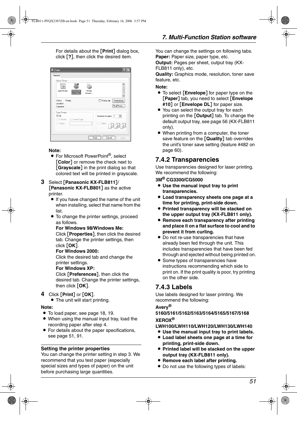 2 transparencies, 3 labels, Multi-function station software 51 | Panasonic KX-FLB811 User Manual | Page 53 / 106