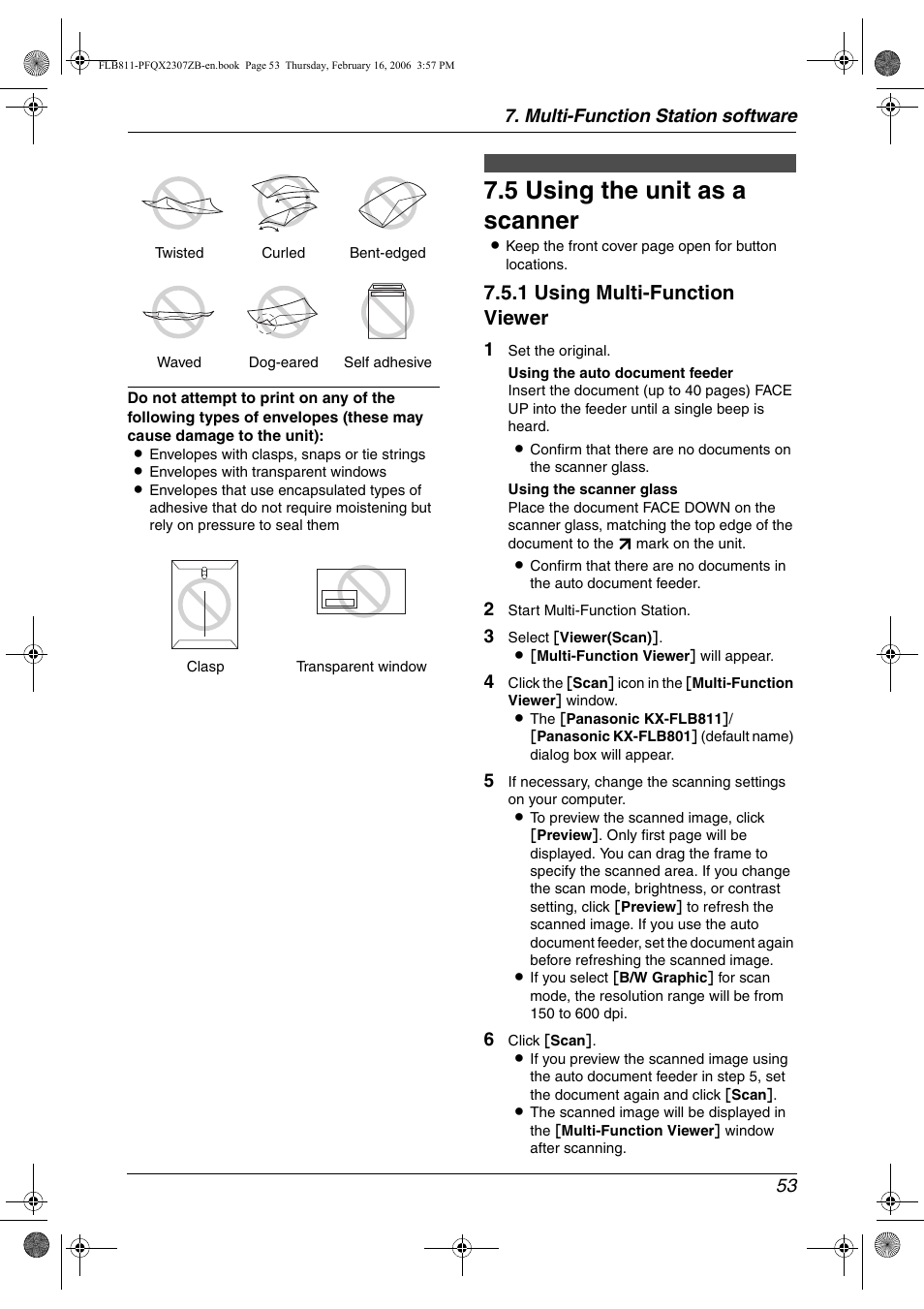 Scanning, 5 using the unit as a scanner, Using the unit as a scanner | 5 using the unit as a scanner, 1 using multi-function viewer, Multi-function station software 53 | Panasonic KX-FLB811 User Manual | Page 55 / 106