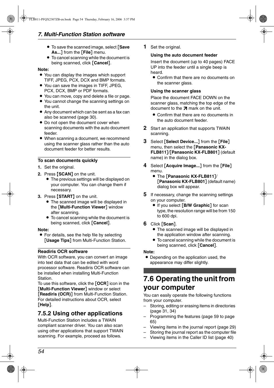 Remote control, 6 operating the unit from your computer, Operating the unit from your computer | 6 operating the unit from your computer, 2 using other applications, Multi-function station software 54 | Panasonic KX-FLB811 User Manual | Page 56 / 106