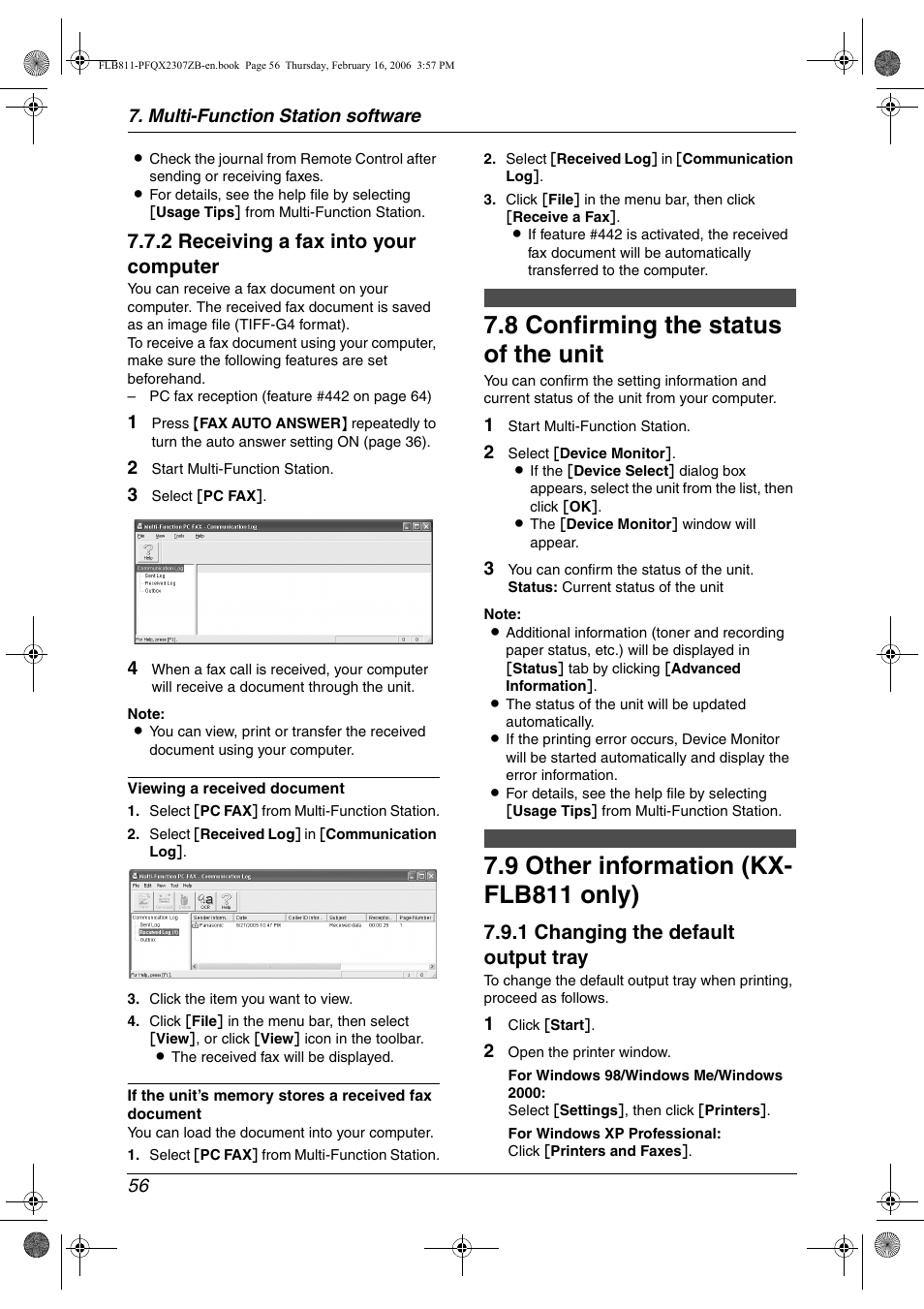 8 confirming the status of the unit, 9 other information (kx- flb811 only), Confirming the status of the unit | Other information (kx-flb811 only), 8 confirming the status of the unit, 9 other information (kx- flb811 only), 2 receiving a fax into your computer, 1 changing the default output tray | Panasonic KX-FLB811 User Manual | Page 58 / 106