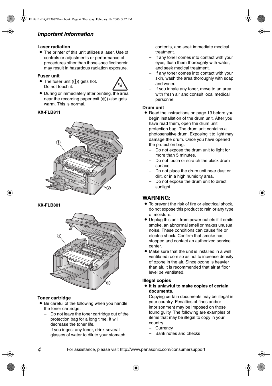 Important information 4, Warning | Panasonic KX-FLB811 User Manual | Page 6 / 106