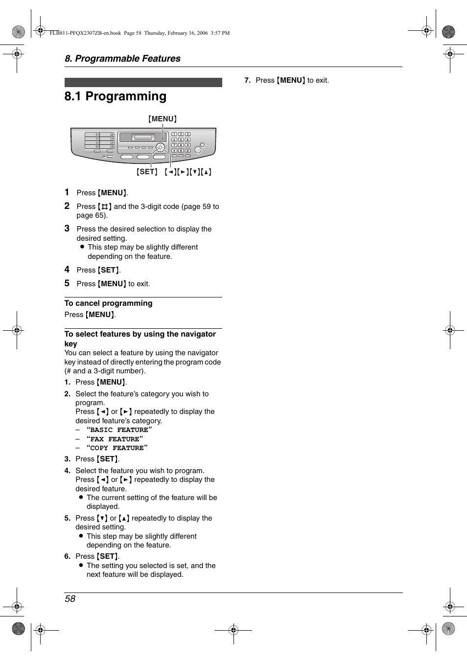 Programmable features, Features summary, 1 programming | Programming, 1 programming, Programmable features 58 | Panasonic KX-FLB811 User Manual | Page 60 / 106