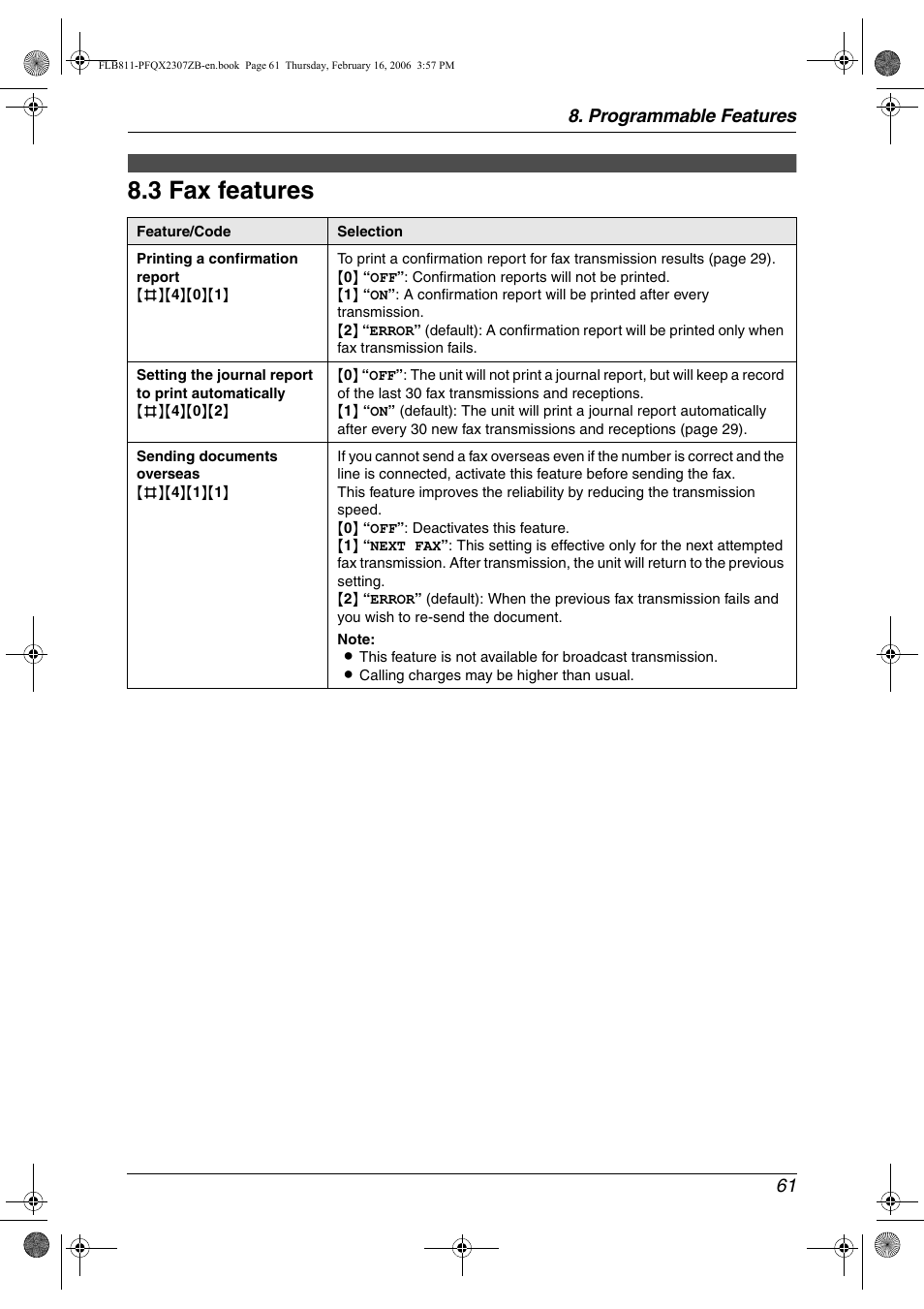 3 fax features, Fax features, 3 fax features | Programmable features 61 | Panasonic KX-FLB811 User Manual | Page 63 / 106