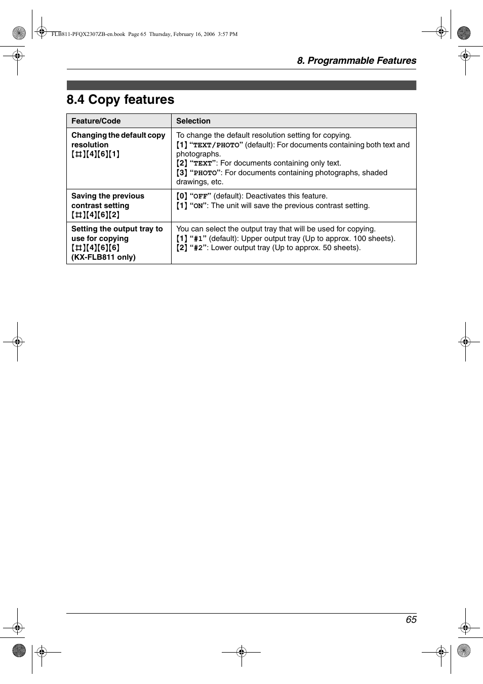 4 copy features, Copy features, 4 copy features | Programmable features 65 | Panasonic KX-FLB811 User Manual | Page 67 / 106