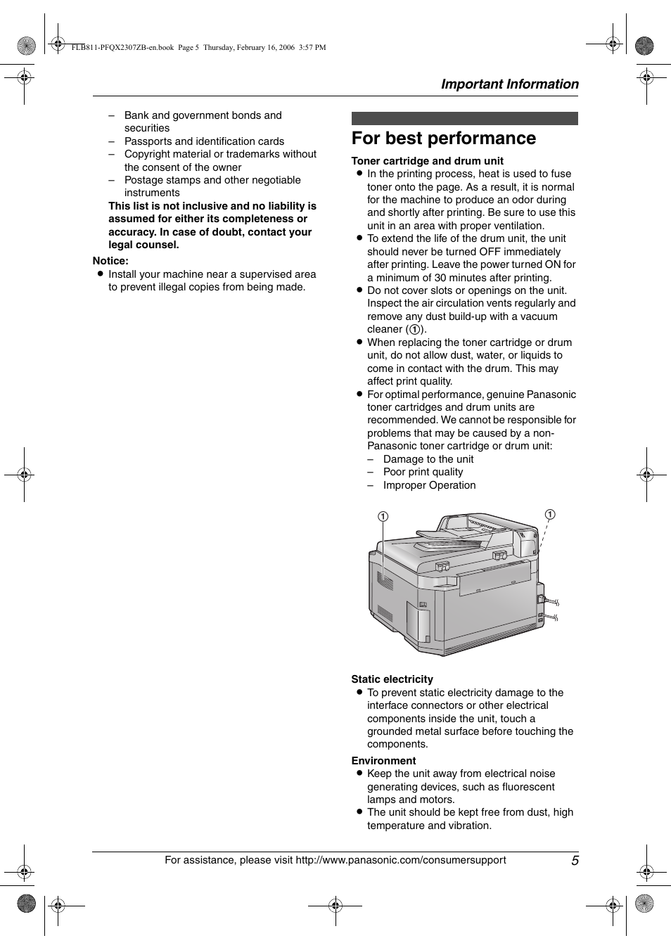 For best performance, Important information 5 | Panasonic KX-FLB811 User Manual | Page 7 / 106