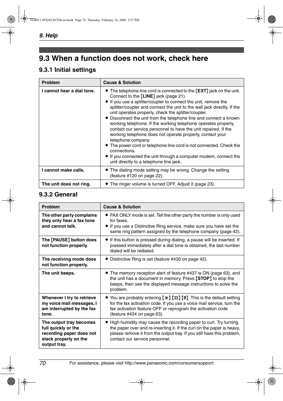 Troubleshooting, 3 when a function does not work, check here, When a function does not work, check here | 3 when a function does not work, check here, 1 initial settings 9.3.2 general, Help 70 | Panasonic KX-FLB811 User Manual | Page 72 / 106