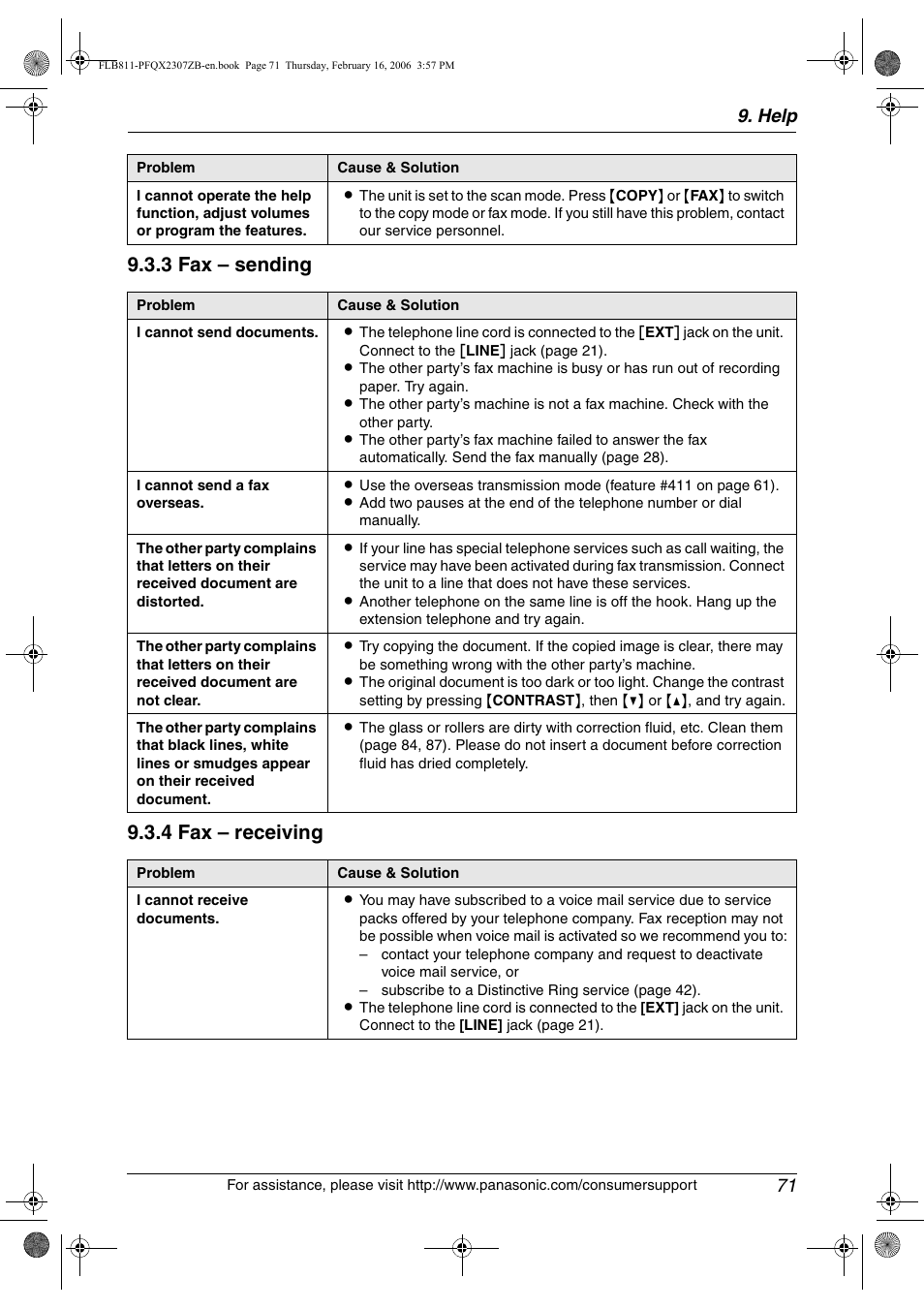 3 fax – sending 9.3.4 fax – receiving, Help 71 | Panasonic KX-FLB811 User Manual | Page 73 / 106