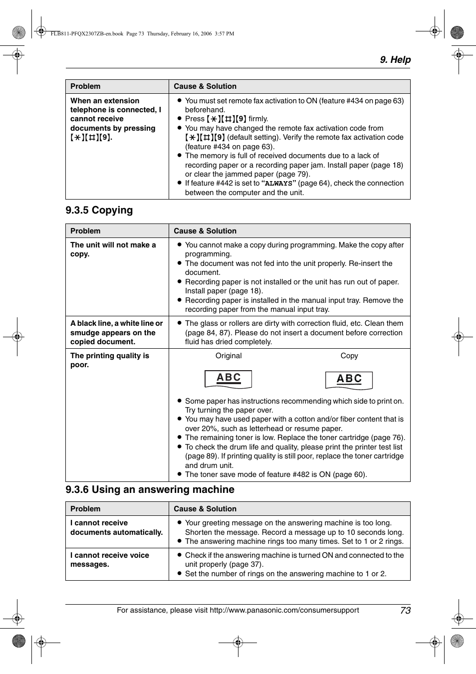 5 copying 9.3.6 using an answering machine, A b c, Help 73 | Panasonic KX-FLB811 User Manual | Page 75 / 106