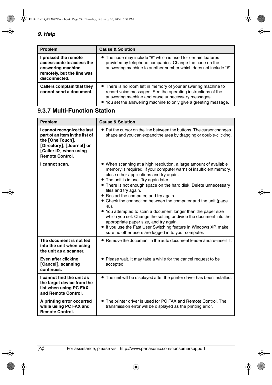 7 multi-function station, Help 74 | Panasonic KX-FLB811 User Manual | Page 76 / 106