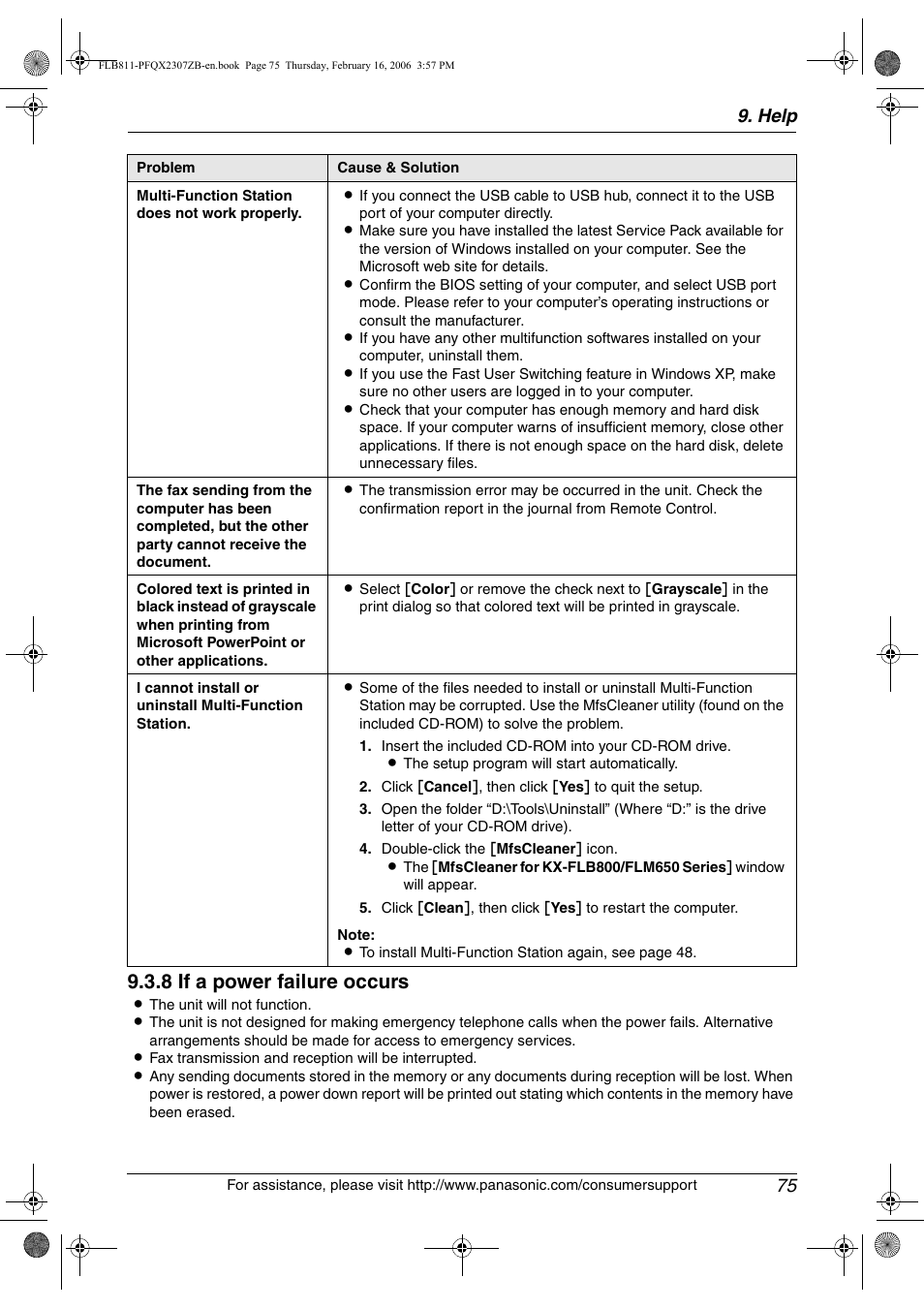 8 if a power failure occurs, Help 75 | Panasonic KX-FLB811 User Manual | Page 77 / 106