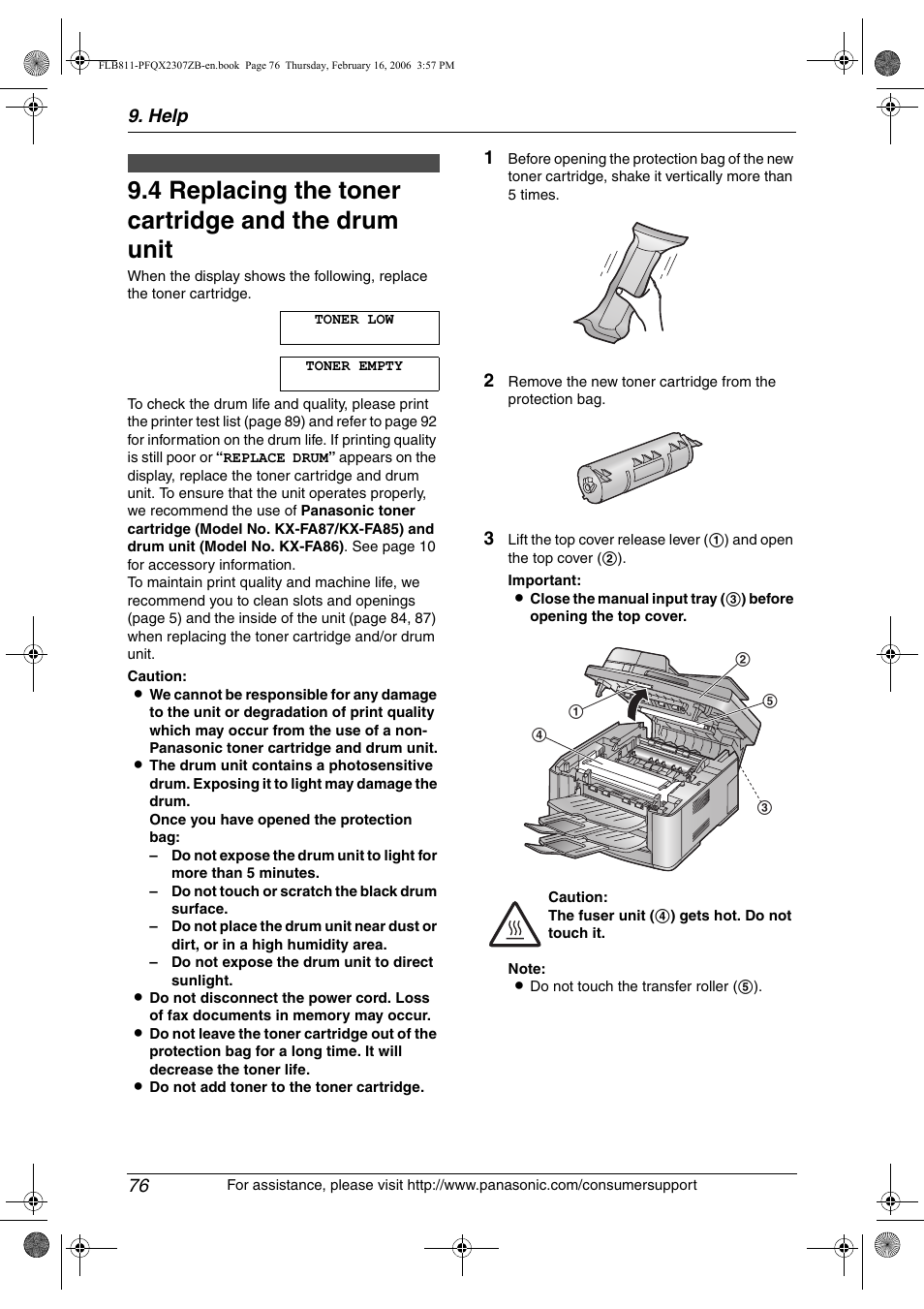 Replacement, 4 replacing the toner cartridge and the drum unit, Replacing the toner cartridge and the drum unit | 4 replacing the toner cartridge and the drum unit, Help 76 | Panasonic KX-FLB811 User Manual | Page 78 / 106