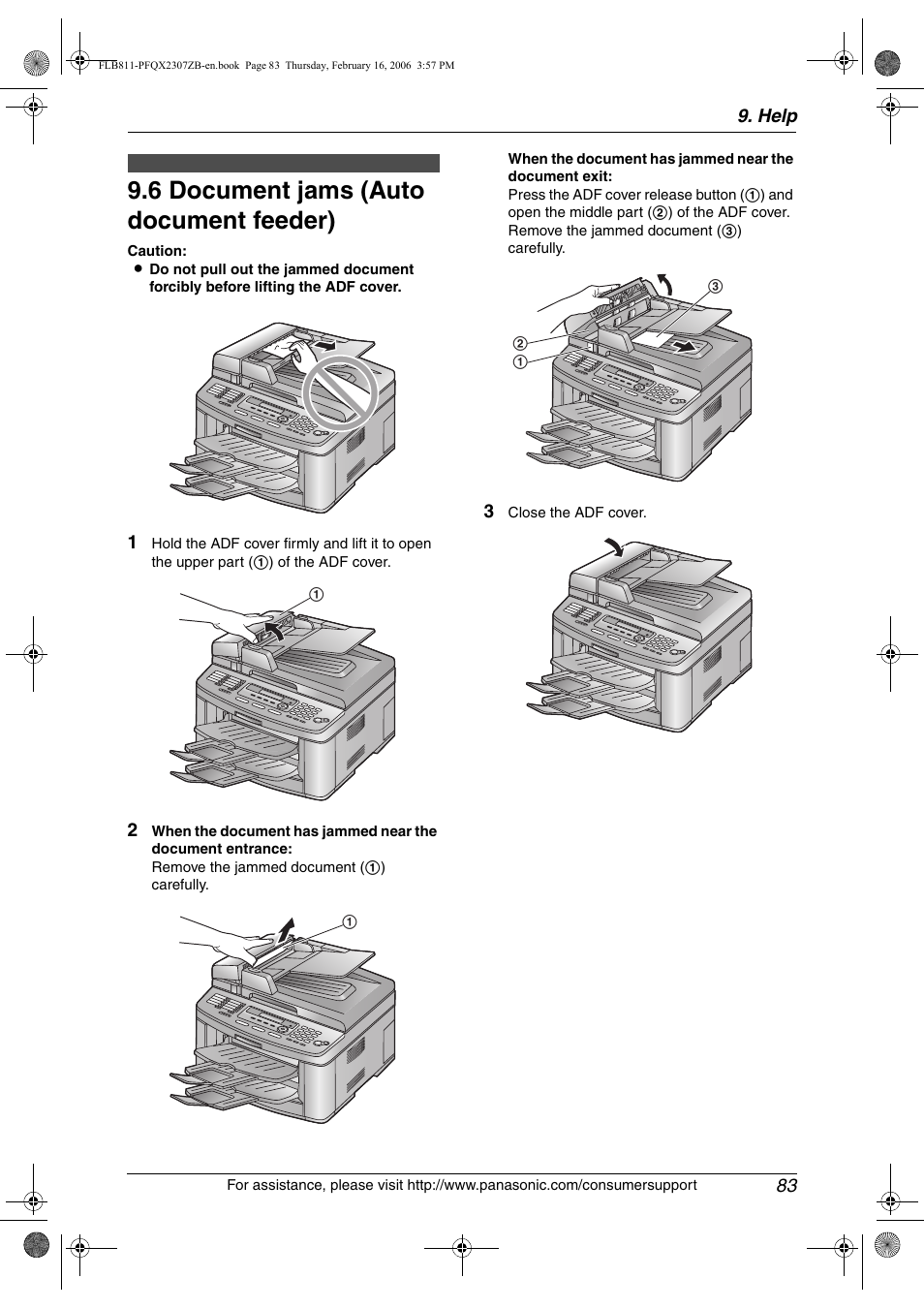 6 document jams (auto document feeder), Document jams (auto document feeder), 6 document jams (auto document feeder) | Panasonic KX-FLB811 User Manual | Page 85 / 106