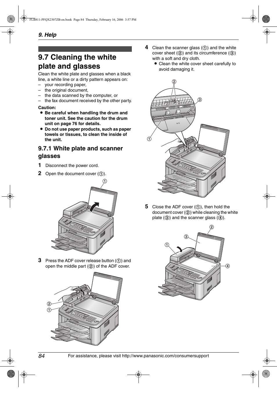 Cleaning, 7 cleaning the white plate and glasses, Cleaning the white plate and glasses | 7 cleaning the white plate and glasses, 1 white plate and scanner glasses, Help 84 | Panasonic KX-FLB811 User Manual | Page 86 / 106