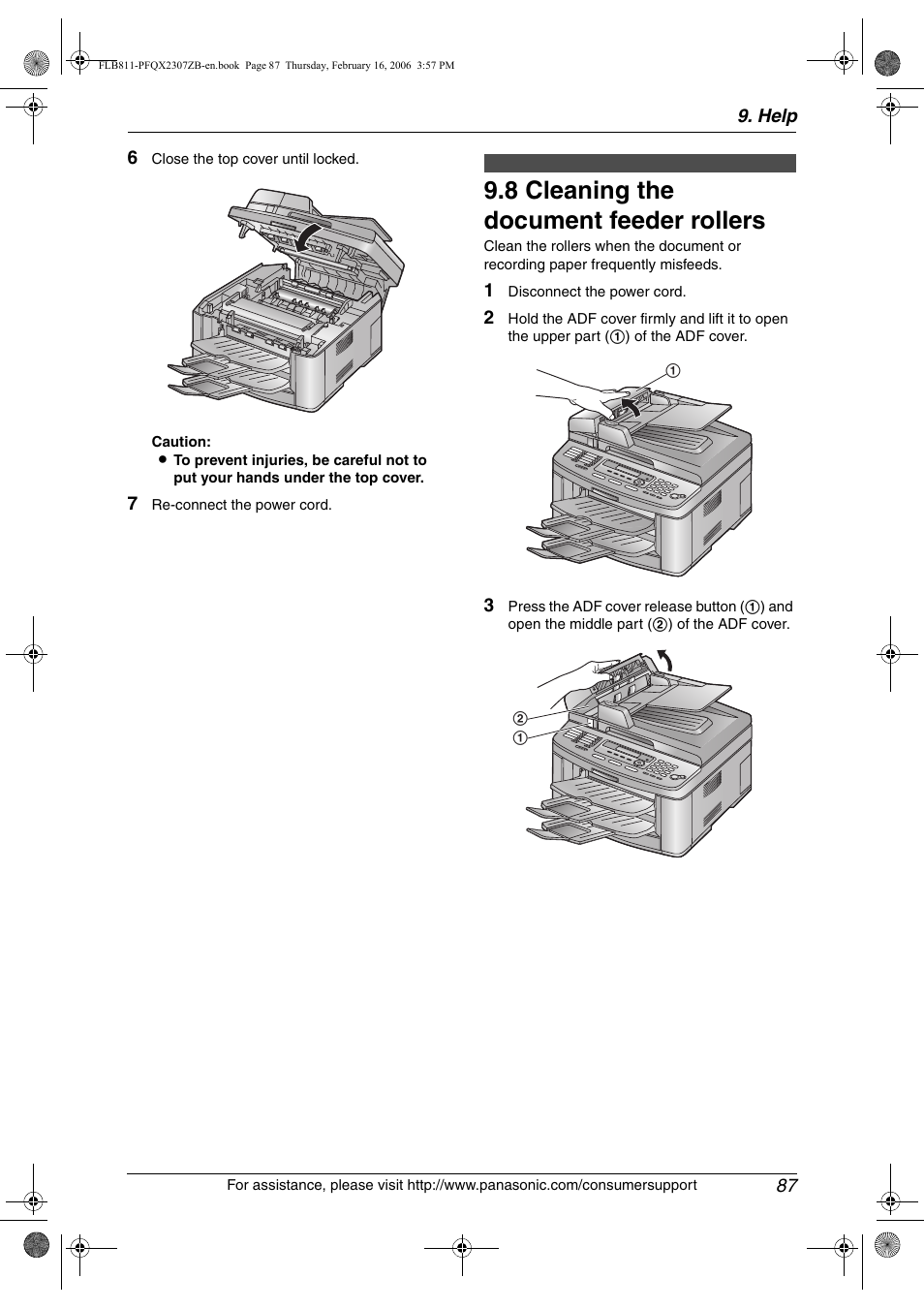 8 cleaning the document feeder rollers, Cleaning the document feeder rollers, 8 cleaning the document feeder rollers | Panasonic KX-FLB811 User Manual | Page 89 / 106