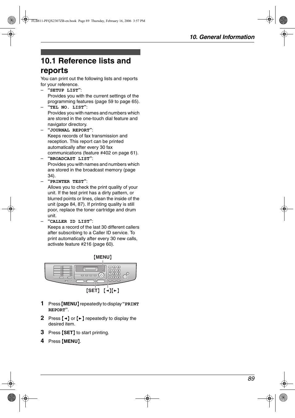 General information, 1 reference lists and reports, 1 reference lists and reports 10.2 specifications | 1 reference lists and reports, General information 89 | Panasonic KX-FLB811 User Manual | Page 91 / 106