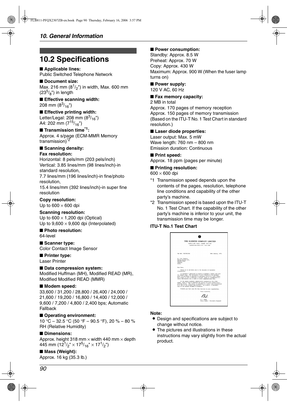 2 specifications, 2 specifications, General information 90 | Panasonic KX-FLB811 User Manual | Page 92 / 106