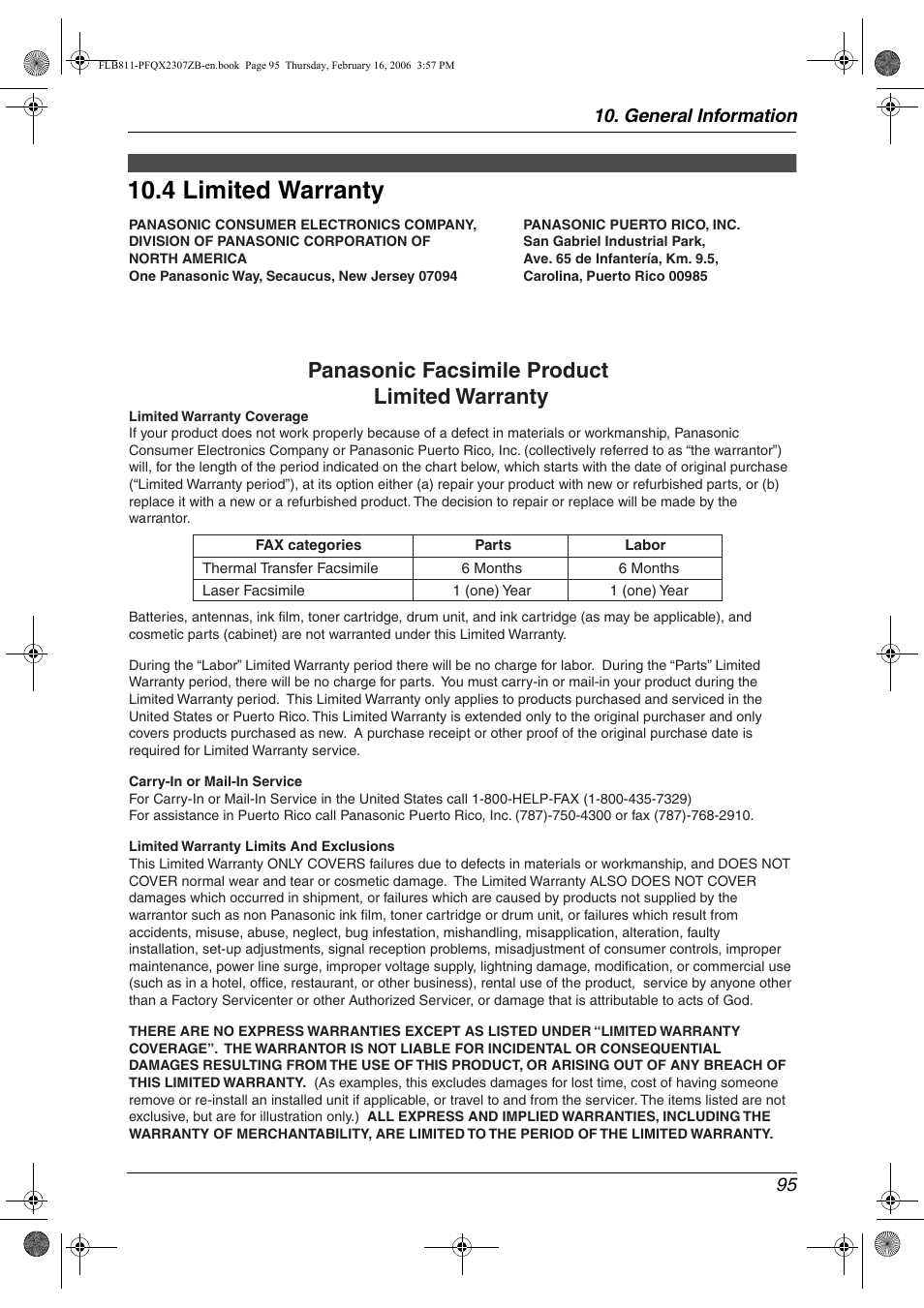 4 limited warranty, 4 limited warranty, Panasonic facsimile product limited warranty | Panasonic KX-FLB811 User Manual | Page 97 / 106