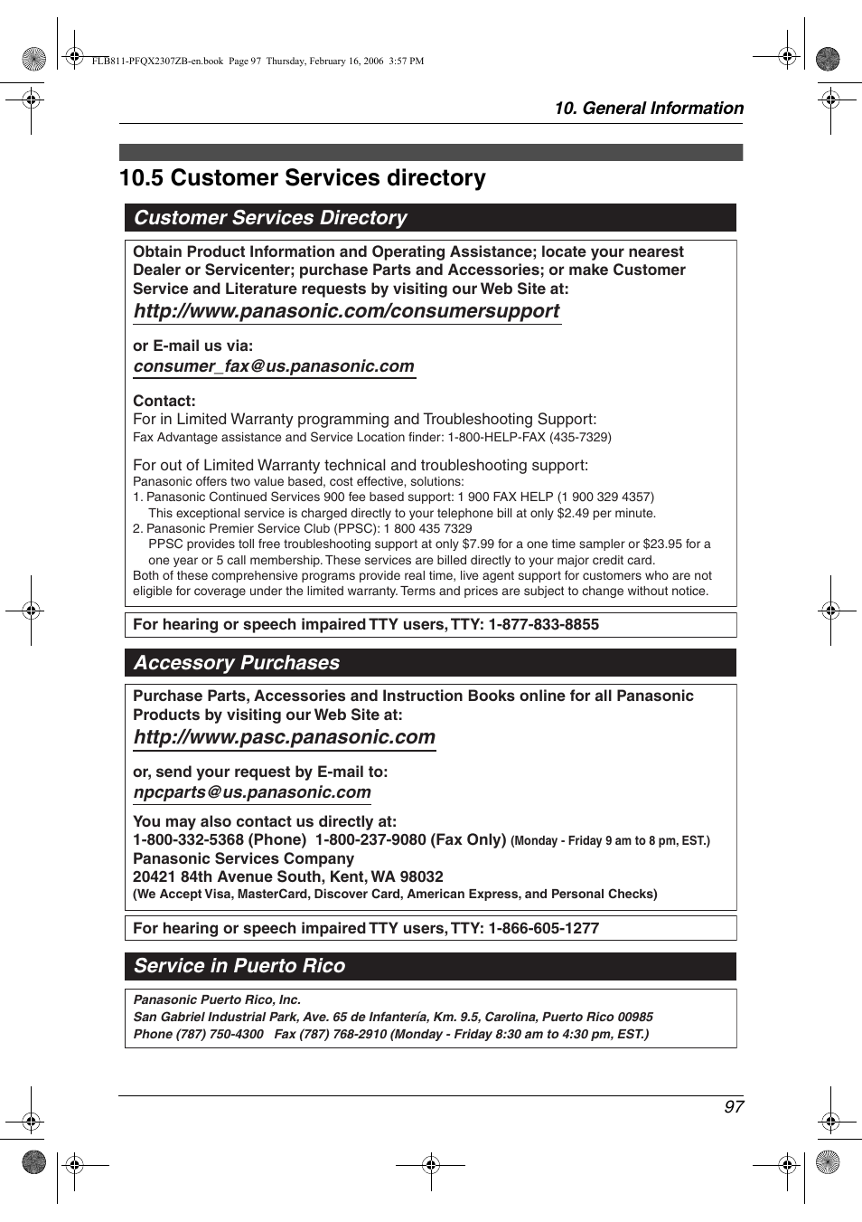 5 customer services directory, 5 customer services directory, Customer services directory | Accessory purchases service in puerto rico | Panasonic KX-FLB811 User Manual | Page 99 / 106