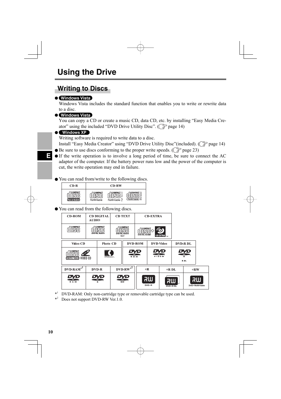 Using the drive, Ewriting to discs | Panasonic CF-VDR302U User Manual | Page 10 / 88