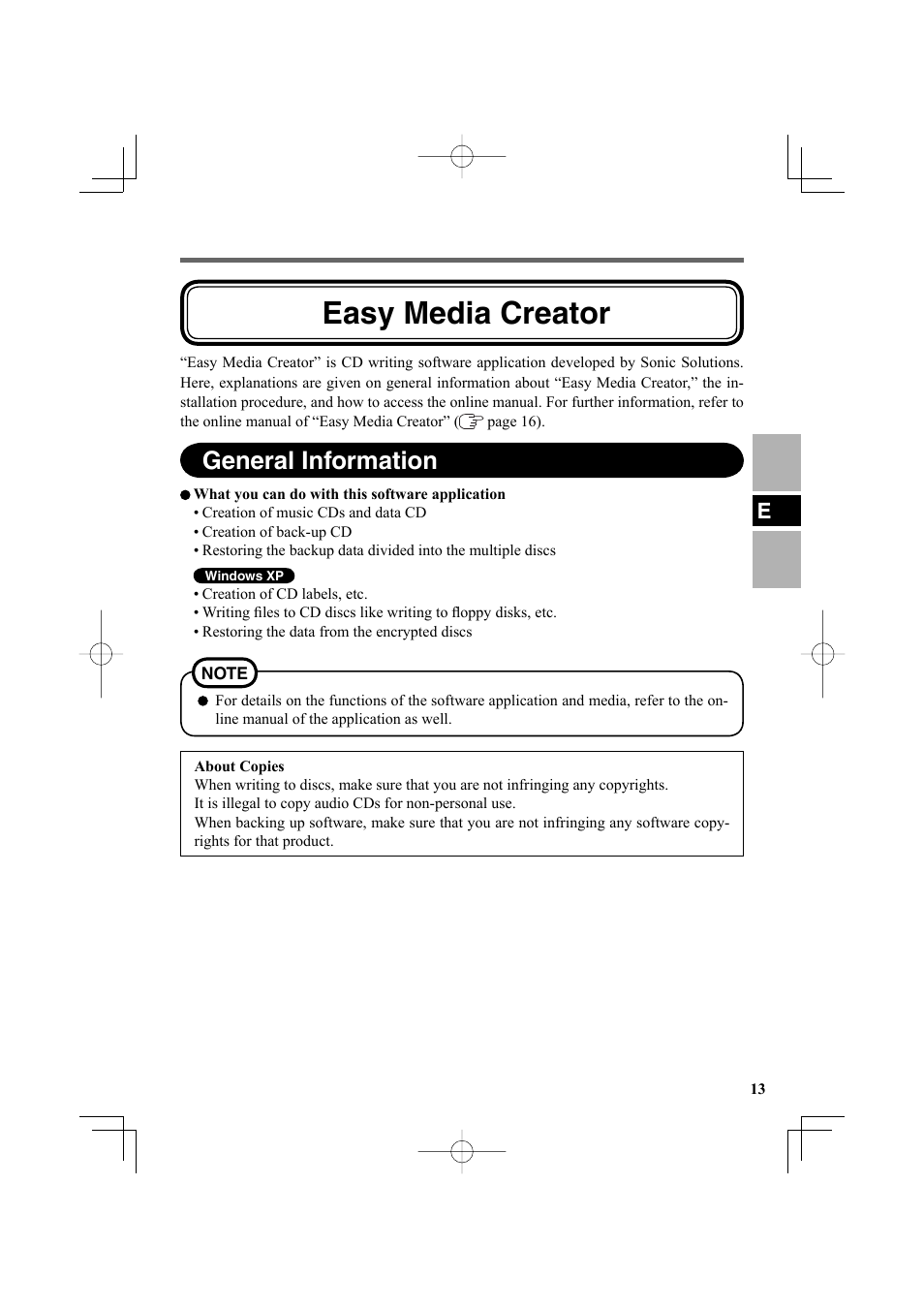 Easy media creator, General information | Panasonic CF-VDR302U User Manual | Page 13 / 88