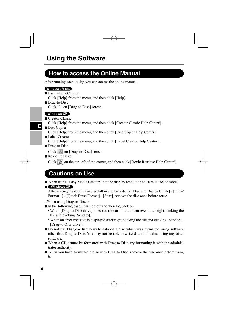 Using the software, How to access the online manual, Cautions on use | Panasonic CF-VDR302U User Manual | Page 16 / 88