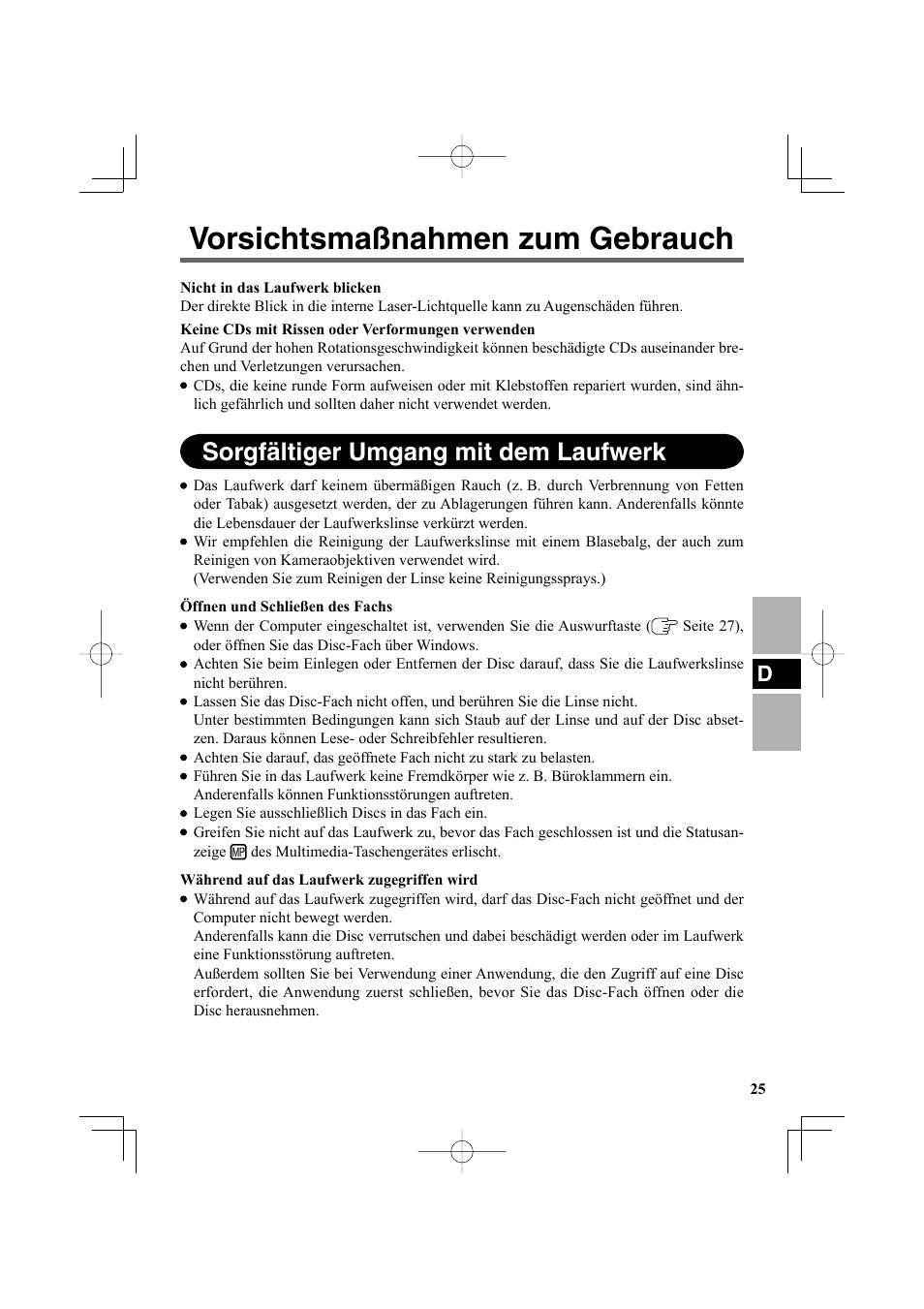 Vorsichtsmaßnahmen zum gebrauch, Sorgfältiger umgang mit dem laufwerk | Panasonic CF-VDR302U User Manual | Page 25 / 88