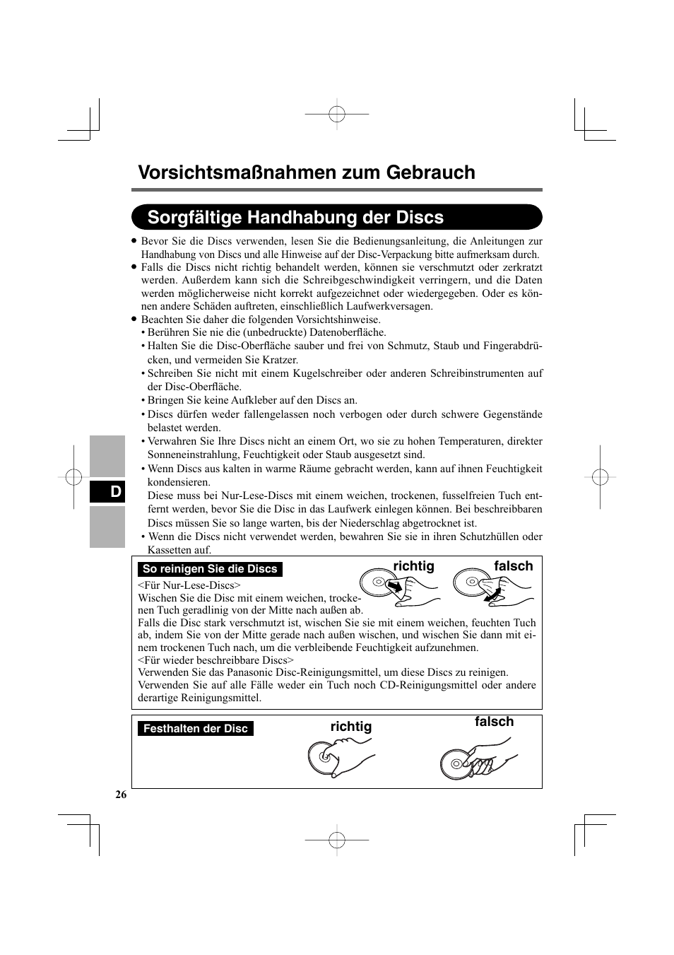 Vorsichtsmaßnahmen zum gebrauch, Sorgfältige handhabung der discs | Panasonic CF-VDR302U User Manual | Page 26 / 88