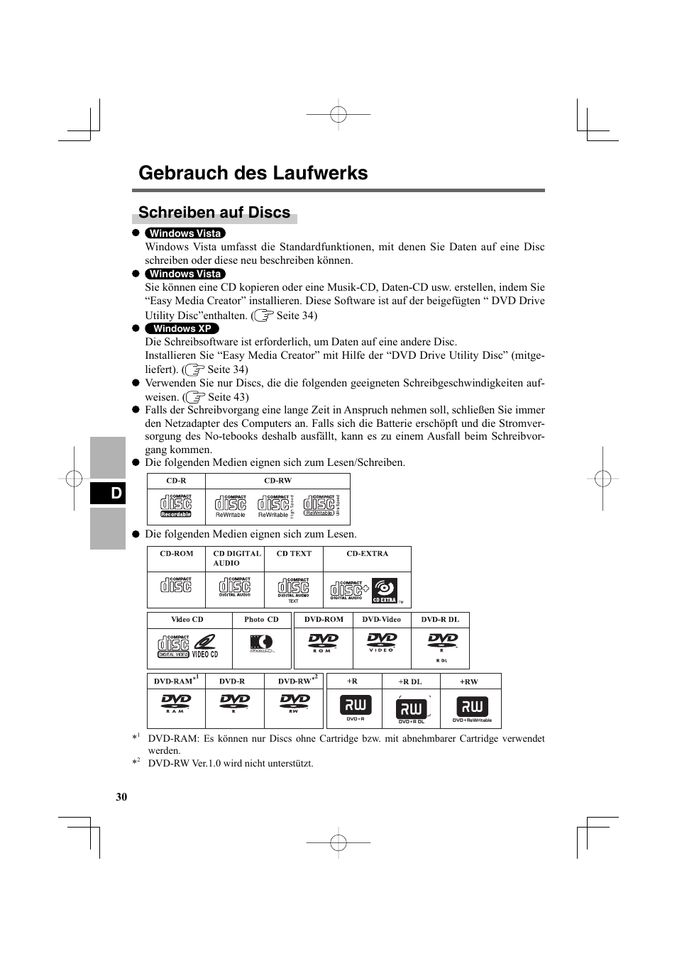 Gebrauch des laufwerks, Schreiben auf discs | Panasonic CF-VDR302U User Manual | Page 30 / 88