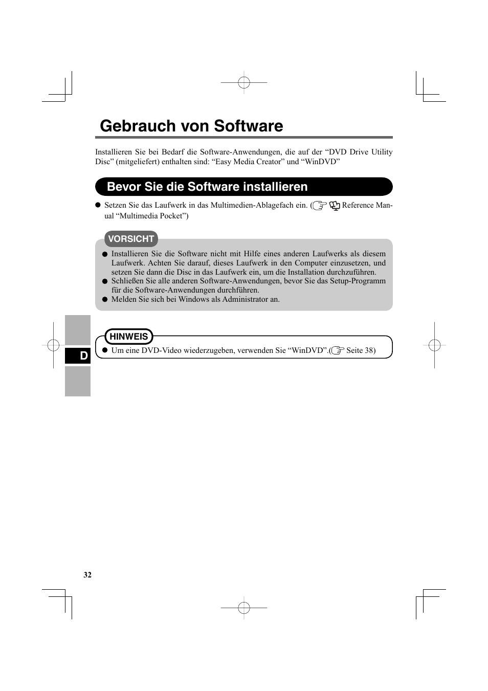 Gebrauch von software, Bevor sie die software installieren | Panasonic CF-VDR302U User Manual | Page 32 / 88