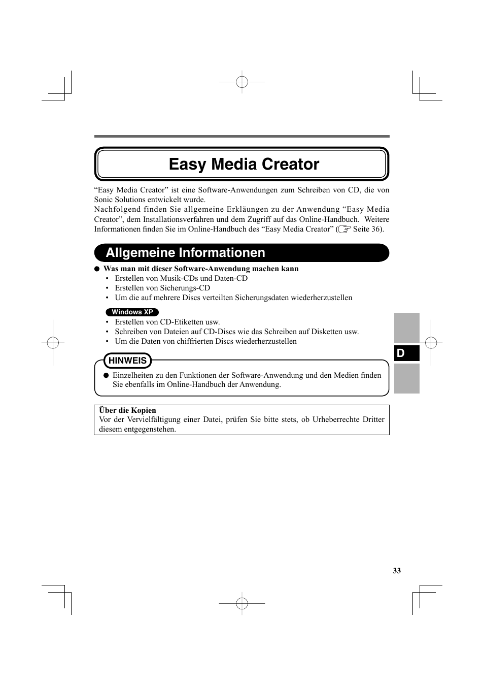 Easy media creator, Allgemeine informationen | Panasonic CF-VDR302U User Manual | Page 33 / 88