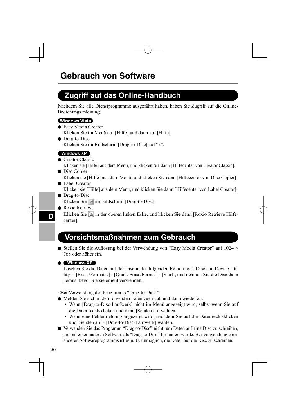 Gebrauch von software, Zugriff auf das online-handbuch, Vorsichtsmaßnahmen zum gebrauch | Panasonic CF-VDR302U User Manual | Page 36 / 88