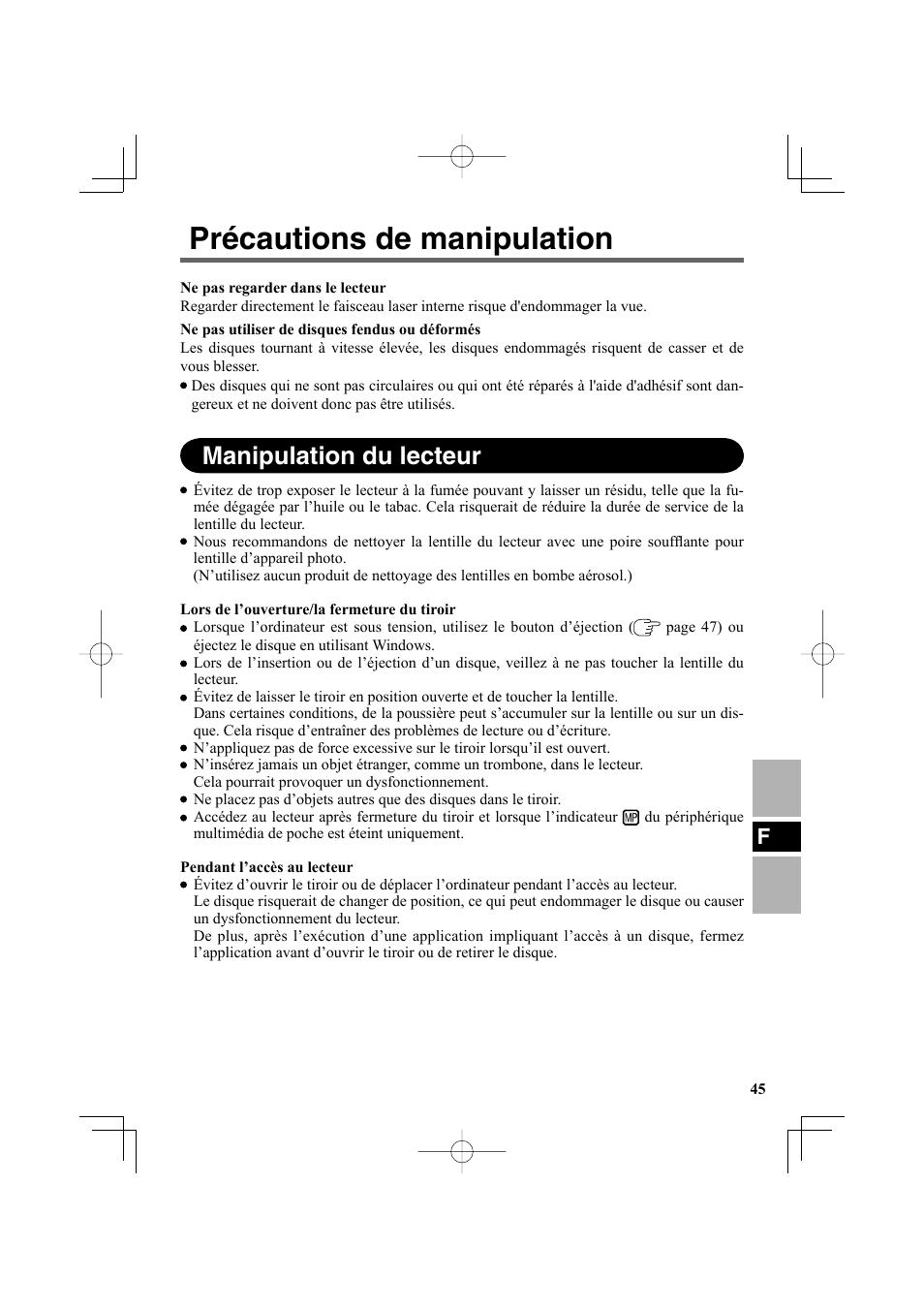 Précautions de manipulation, Manipulation du lecteur | Panasonic CF-VDR302U User Manual | Page 45 / 88