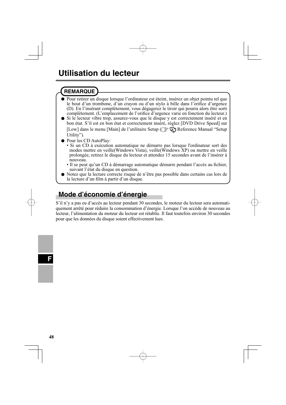 Utilisation du lecteur, Fmode d’économie d’énergie | Panasonic CF-VDR302U User Manual | Page 48 / 88