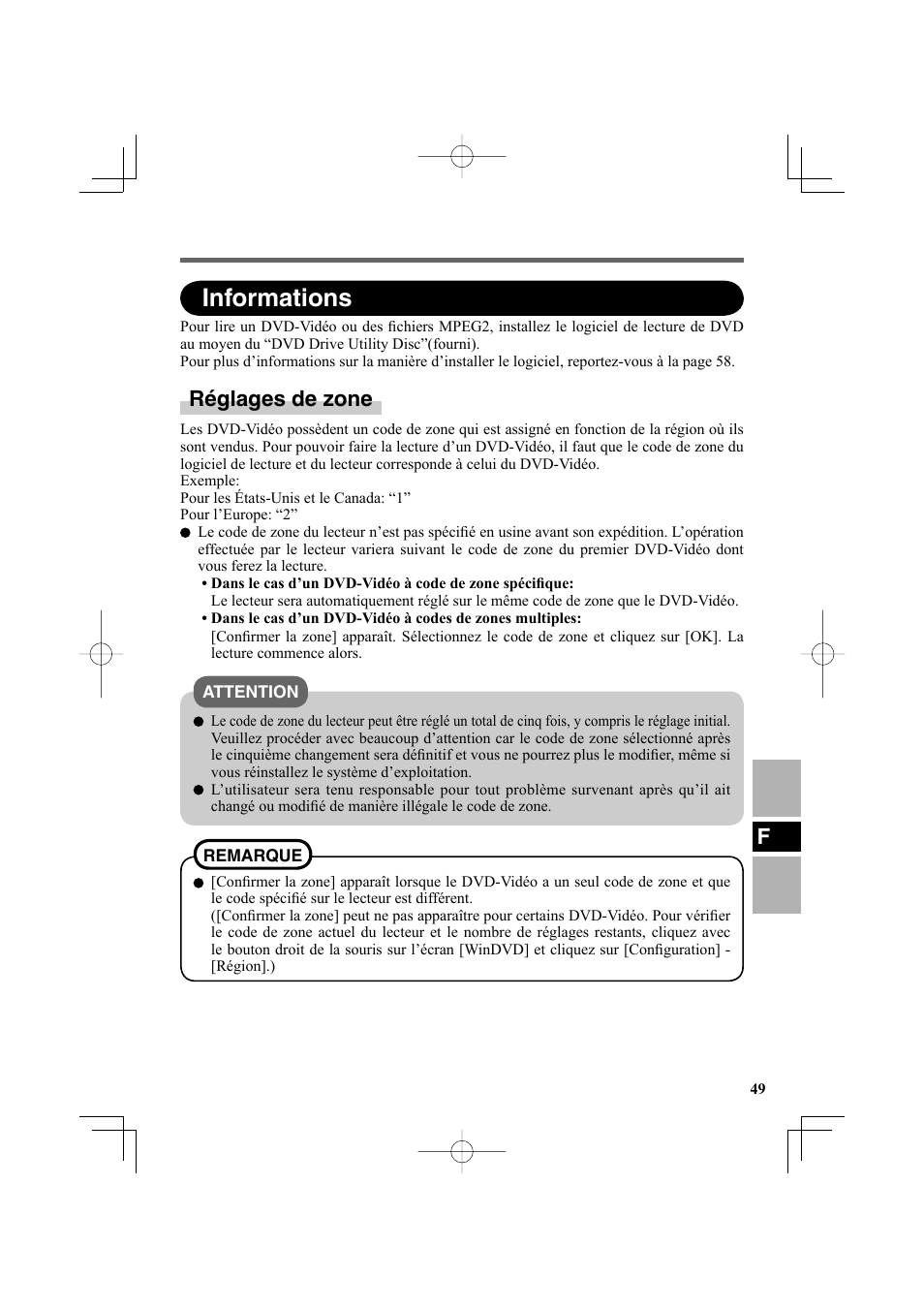 Informations, Réglages de zone | Panasonic CF-VDR302U User Manual | Page 49 / 88