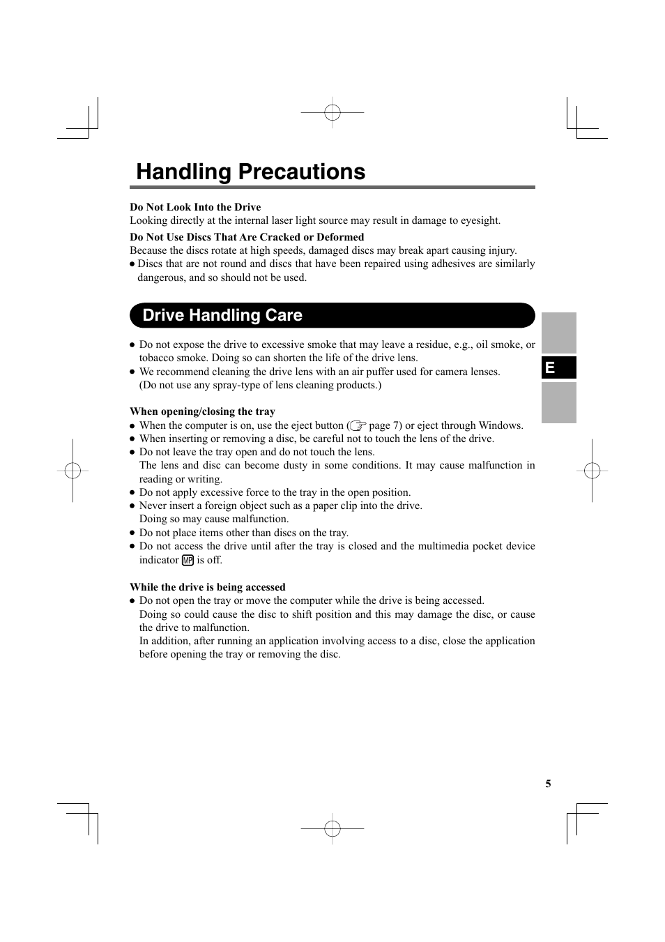 Handling precautions, Drive handling care | Panasonic CF-VDR302U User Manual | Page 5 / 88