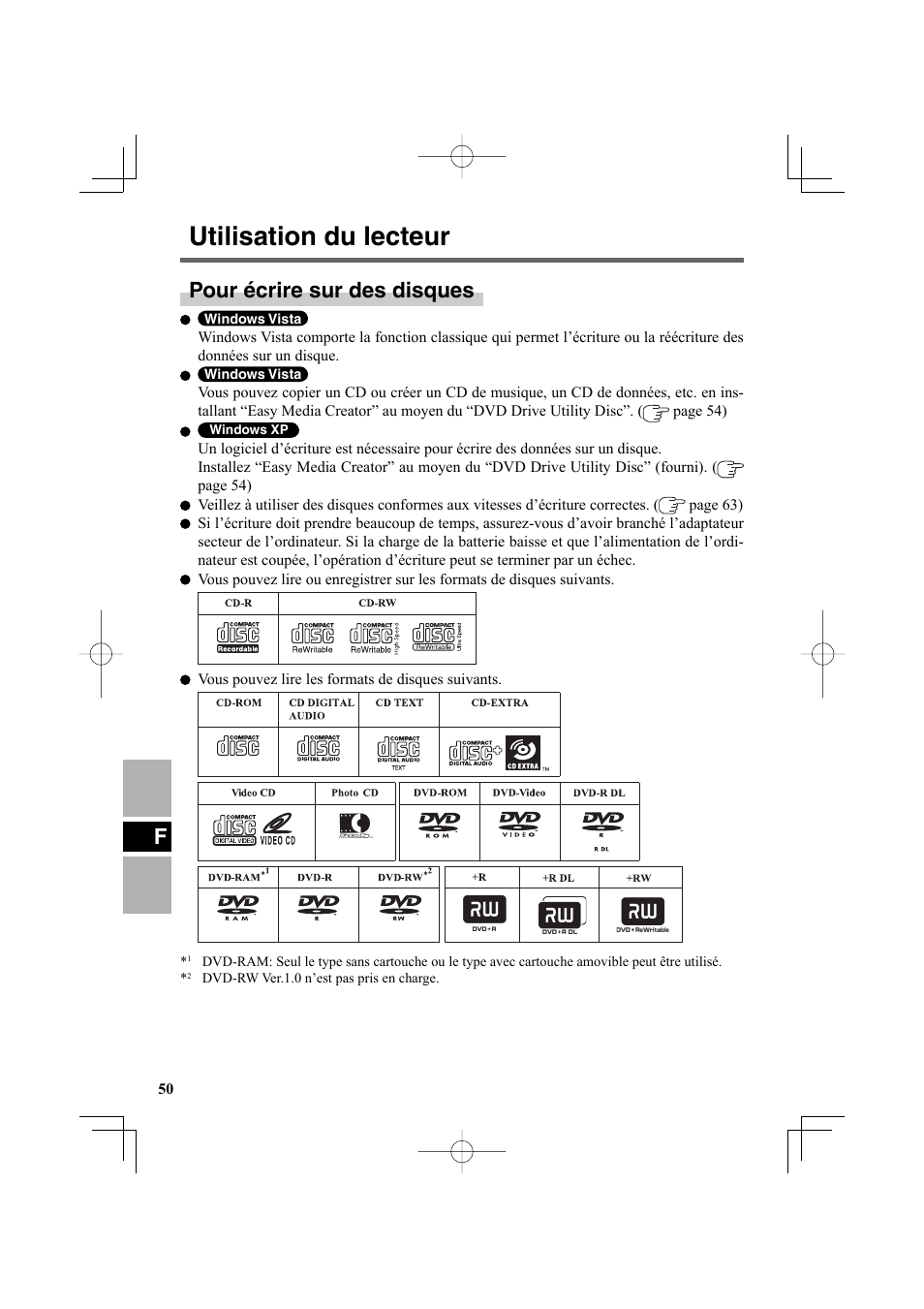 Utilisation du lecteur, Fpour écrire sur des disques | Panasonic CF-VDR302U User Manual | Page 50 / 88