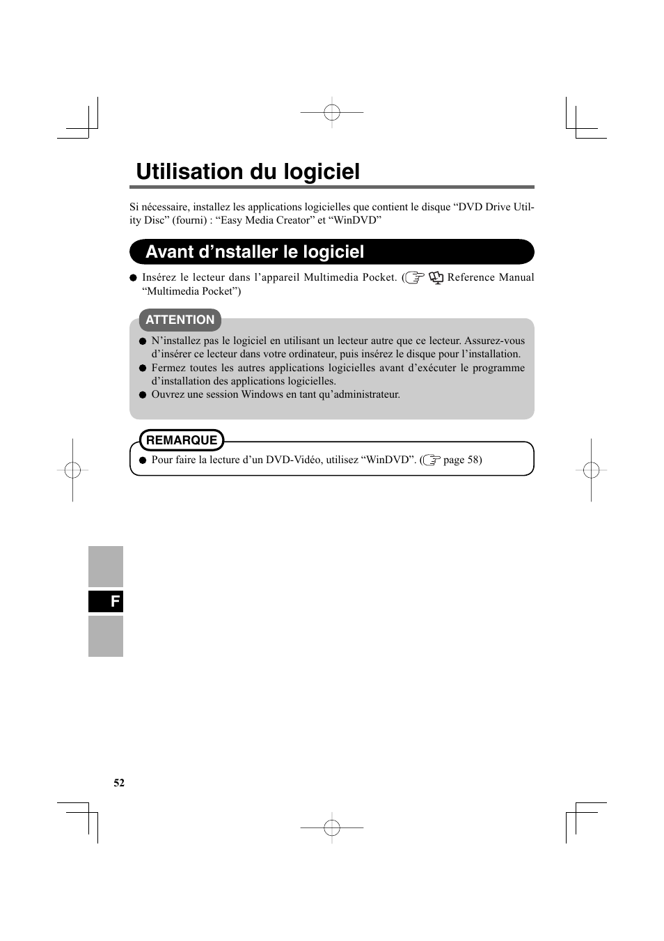 Utilisation du logiciel, Avant d’nstaller le logiciel | Panasonic CF-VDR302U User Manual | Page 52 / 88