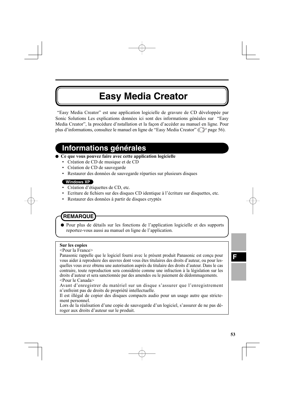 Easy media creator, Informations générales | Panasonic CF-VDR302U User Manual | Page 53 / 88