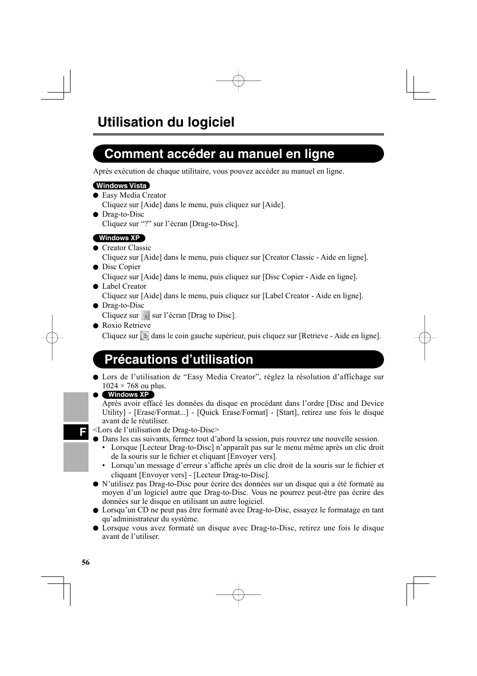 Utilisation du logiciel, Comment accéder au manuel en ligne, Précautions d’utilisation | Panasonic CF-VDR302U User Manual | Page 56 / 88