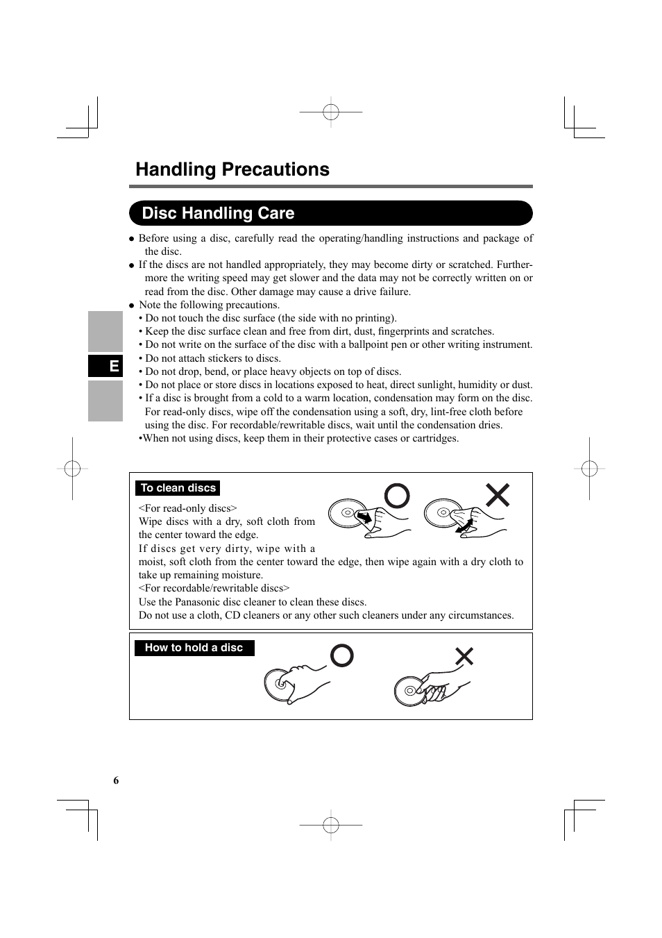 Handling precautions, Disc handling care | Panasonic CF-VDR302U User Manual | Page 6 / 88