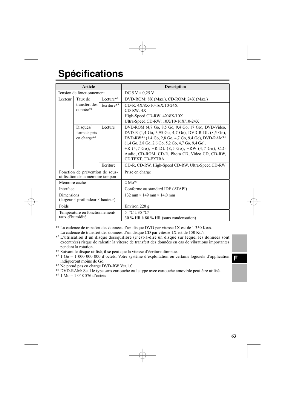 Spécifi cations | Panasonic CF-VDR302U User Manual | Page 63 / 88