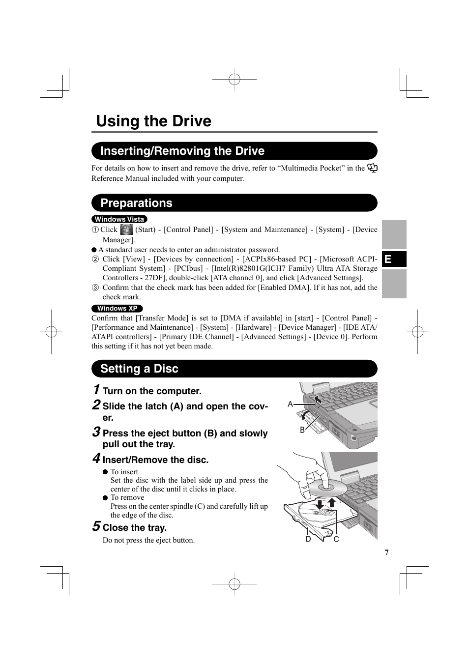 Using the drive, Inserting/removing the drive preparations, Setting a disc | Panasonic CF-VDR302U User Manual | Page 7 / 88