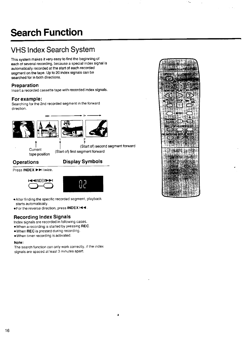 Search function, Vhs index search system, Preparation | For example, Operations, Recording index signals | Panasonic NV-SD1 Series User Manual | Page 16 / 20