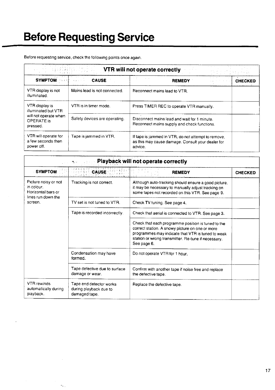 Before requesting service | Panasonic NV-SD1 Series User Manual | Page 17 / 20