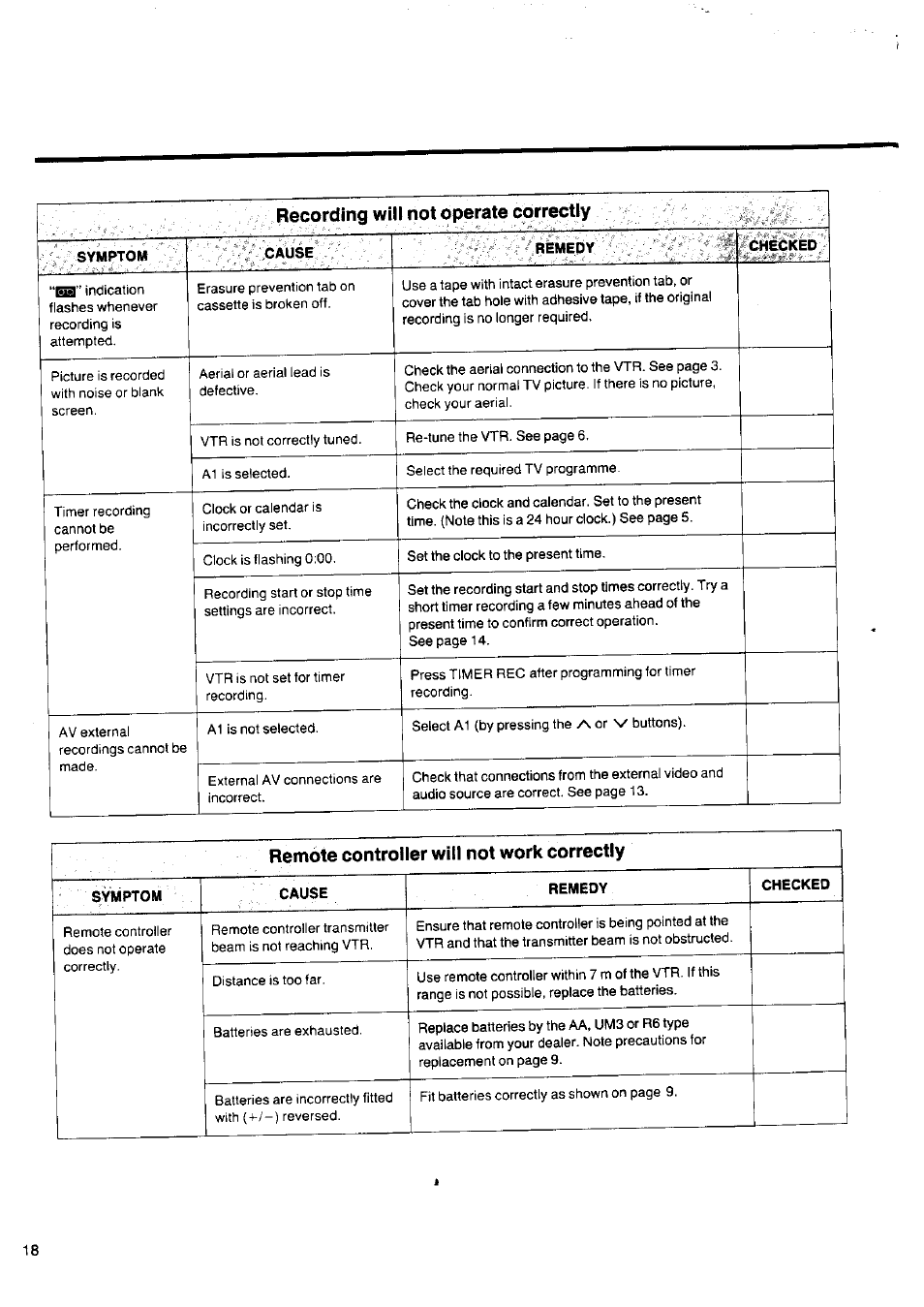 Recording will not operate correctly, Remote controller will not work correctly | Panasonic NV-SD1 Series User Manual | Page 18 / 20