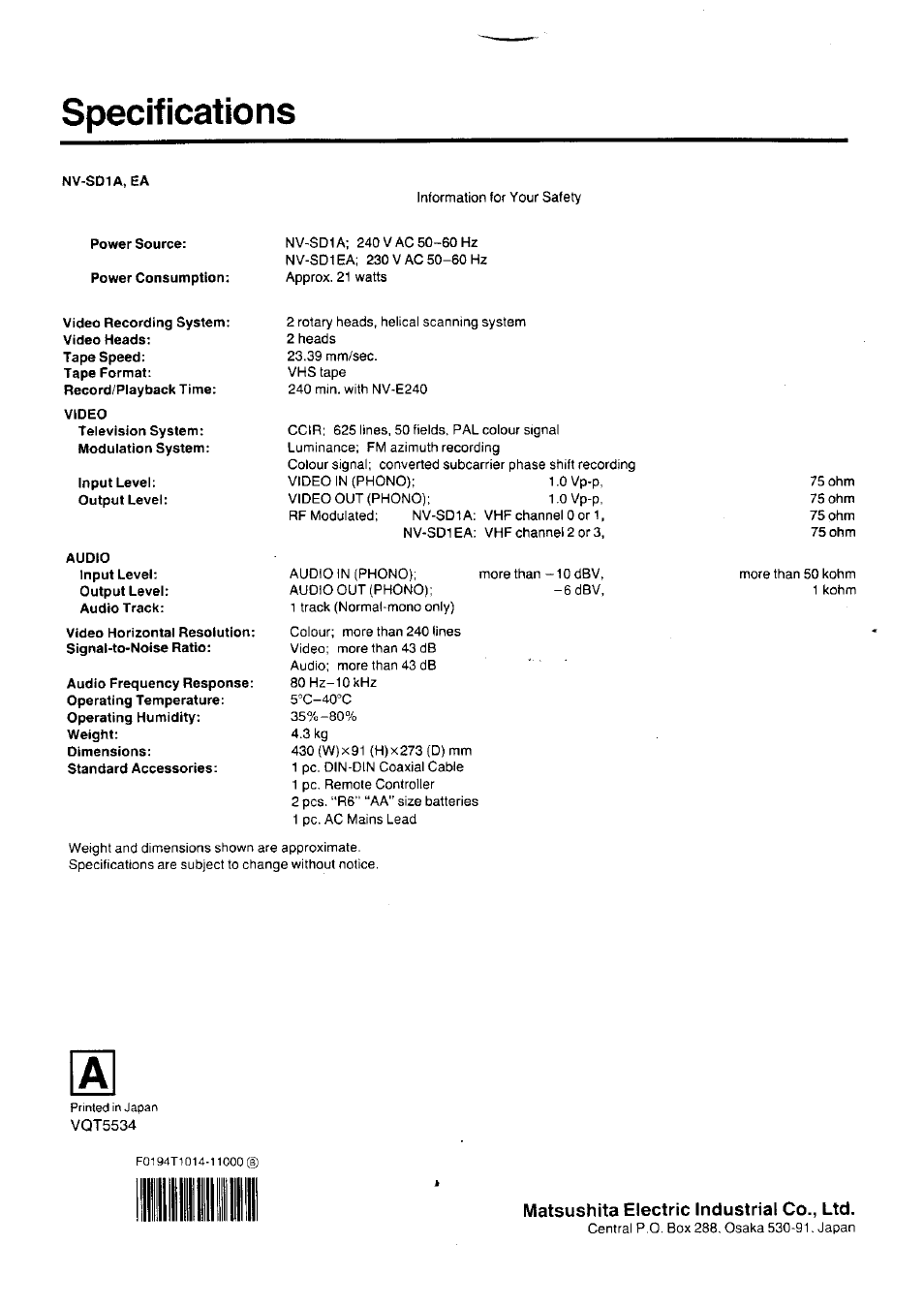 Specifications, Matsushita electric industrial co., ltd | Panasonic NV-SD1 Series User Manual | Page 20 / 20