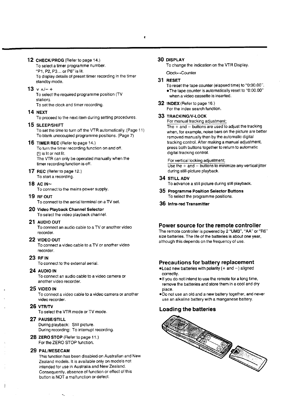 Power source for the remote controller, Precautions for battery replacement, Loading the batteries | Panasonic NV-SD1 Series User Manual | Page 9 / 20