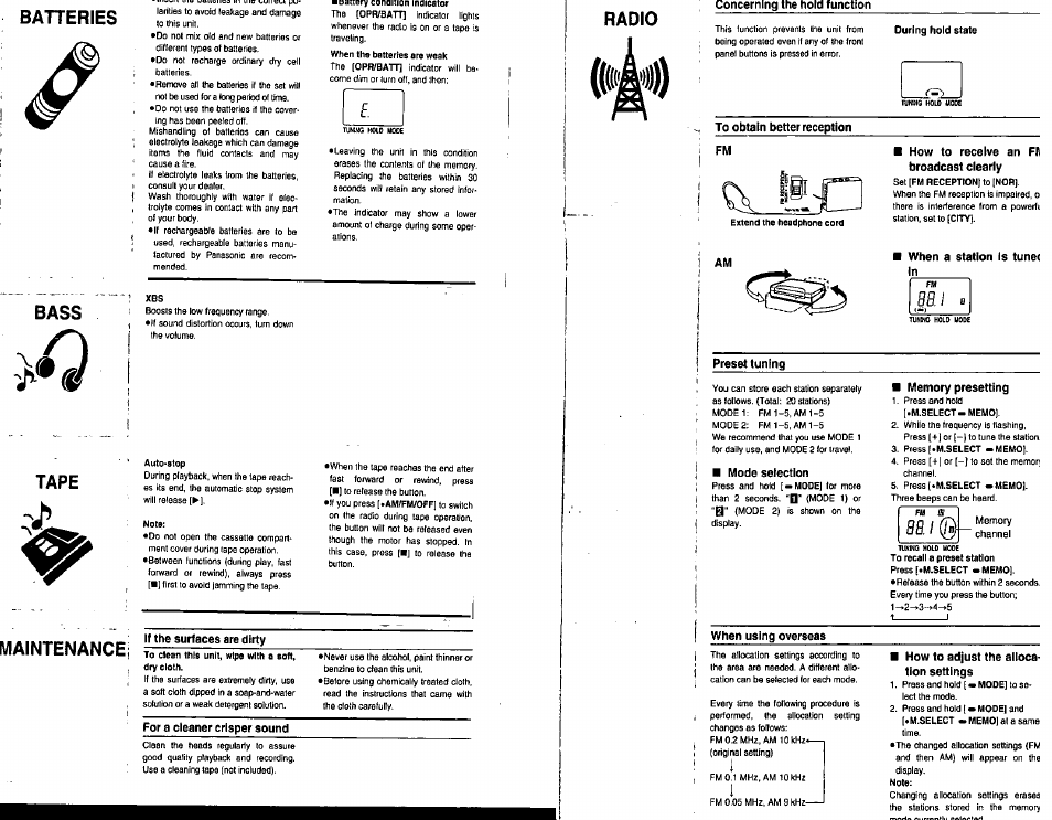 Batteries, Bass, Tape | Maintenance, If the surfaces are dirty, For a cleaner crisper sound, Radio, Concerning the hold function, To obtain better reception, I fm | Panasonic RQ-C05V User Manual | Page 3 / 4