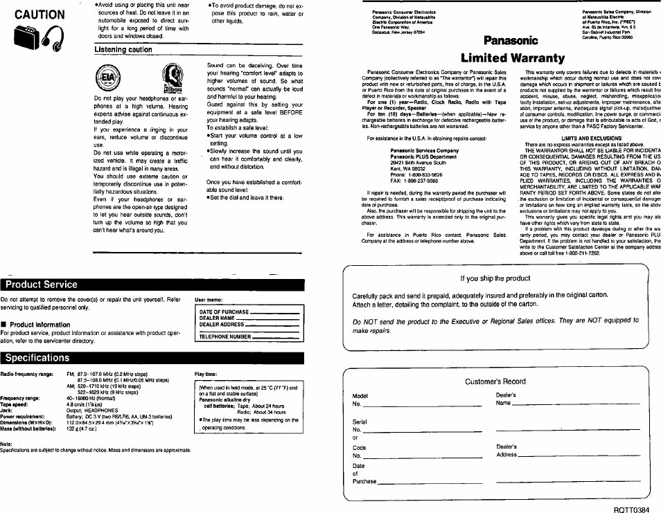 Limited warranty, Caution, Panasonic | Product service, Specifications | Panasonic RQ-C05V User Manual | Page 4 / 4